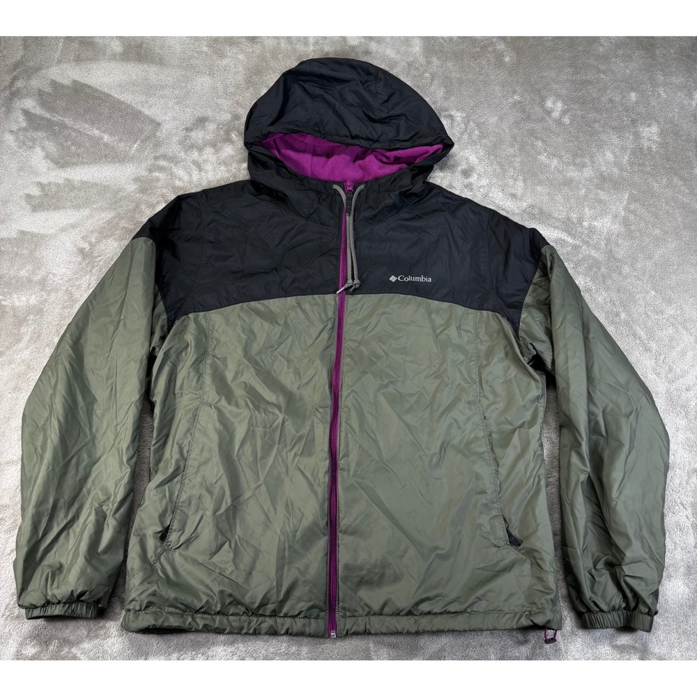 Columbia Windbreaker Jacket Womens XL Green Black Fleece Lined Full Zip Hooded